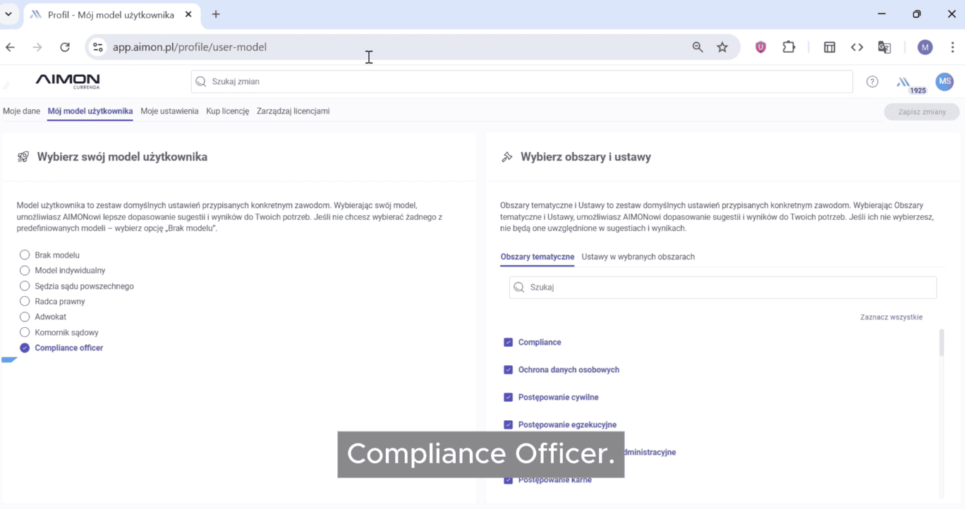na ekranie jest pokazany program AIMON i model użytkownika Compliance Officera