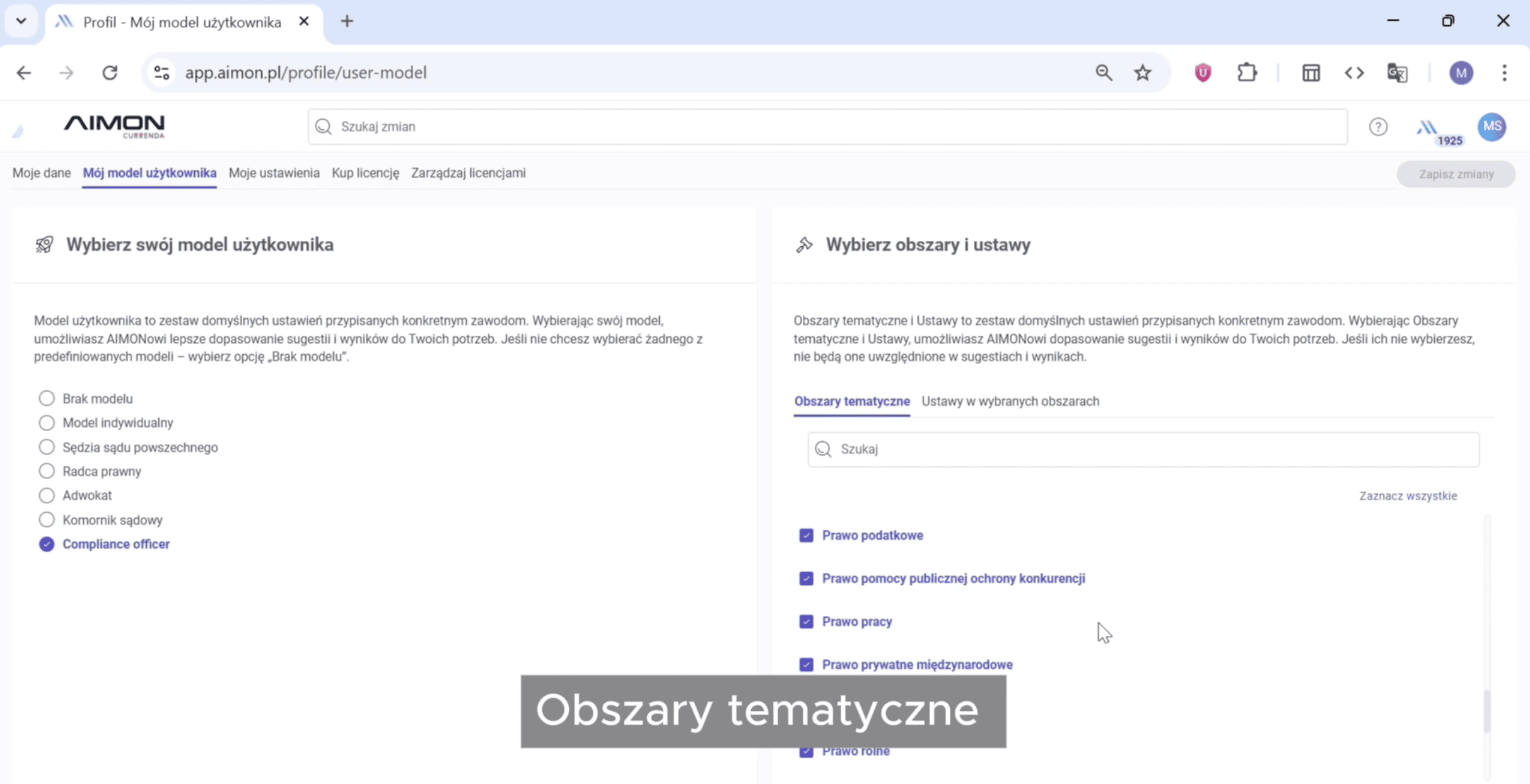 Model użytkownika - Compliance Offer w systemie AIMON