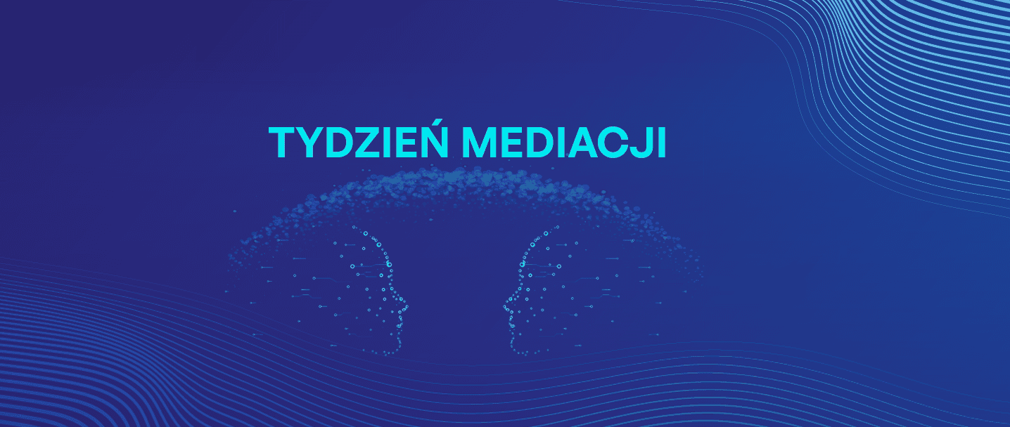 na grafice jest napis tydzień mediacji i pokazane są dwie twarze patrzące na siebie symbolizujące rozmowę a nad nimi pomost symbolizujący rozmowę
